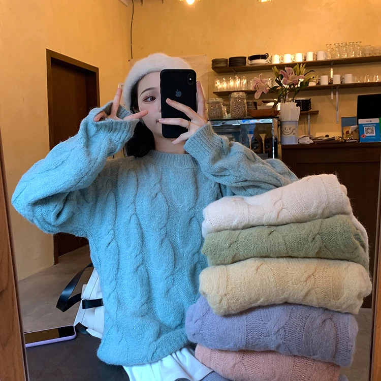

Autumn and winter new retro loose solid color pullover knitted sweater