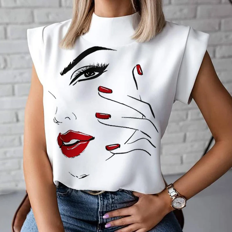 

Women Elegant Chain Print blouse shirts New Summer Casual Stand Neck Pullovers tops Lady 2XL Fashion cute Eye Short Sleeve Blusa