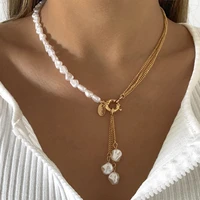 korean trendy vintage baroque imitation pearl long tassel pendant necklaces punk gold chain choker necklaces women party jewelry