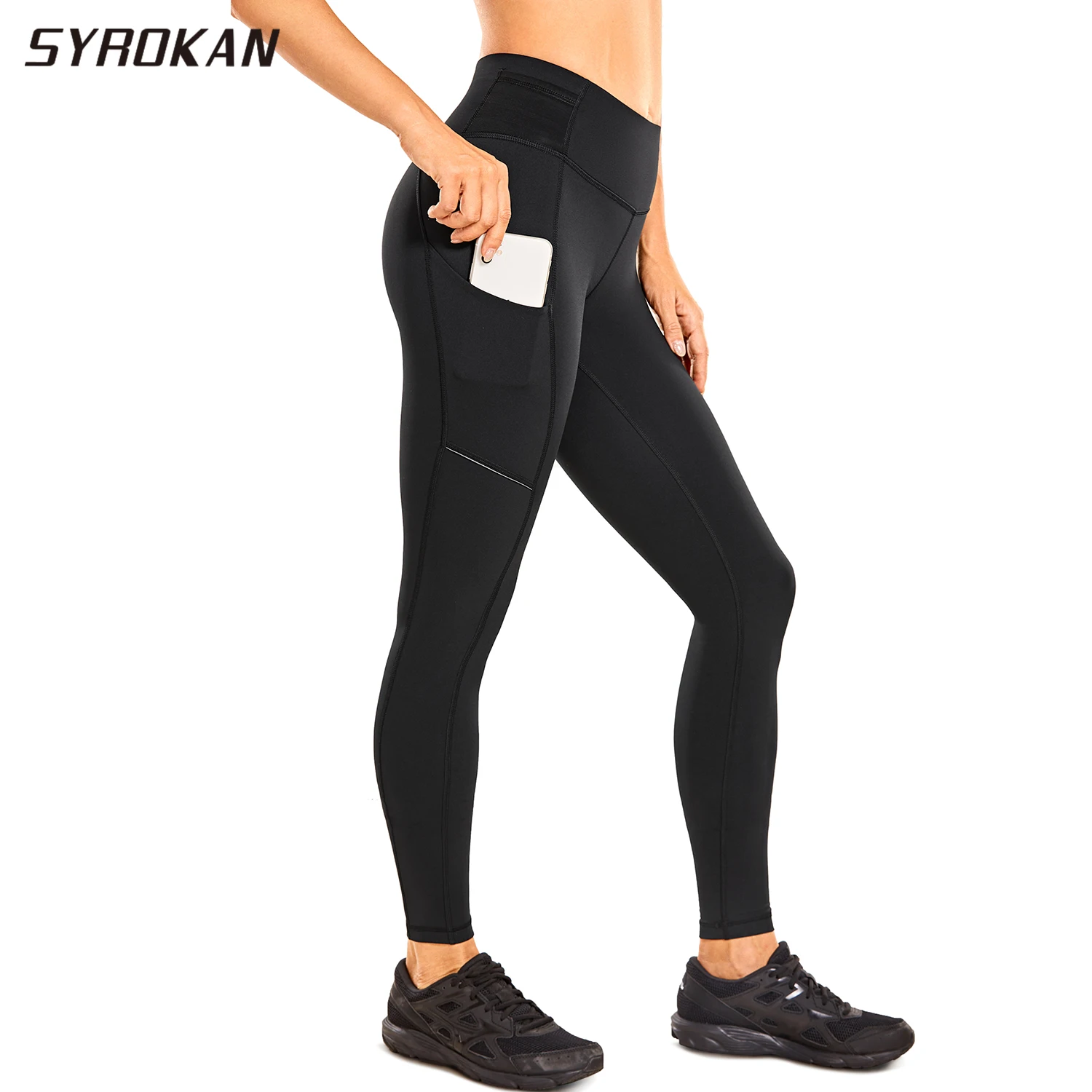 

SYROKAN Sport Leggings Women Skinny High-Waisted Tights Push Up Legging With Pockets Compression Hugged Feeling Solid Black 28"