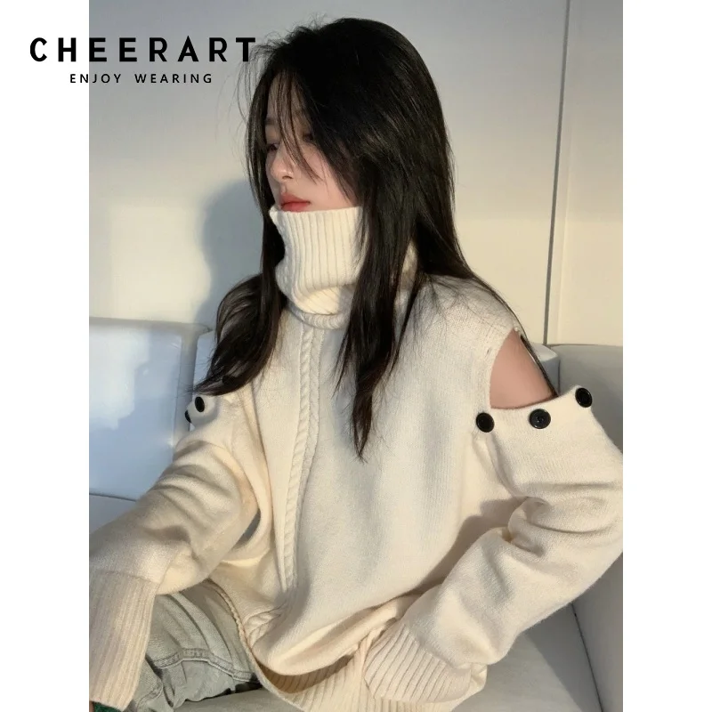 Женский свитер CHEERART с открытыми плечами и воротником-хомутом белый пуловер