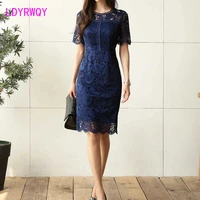 ldyrwqy lace dress women 2021 summer new waist temperament ladies short sleeved solid color hip bag office lady knee length