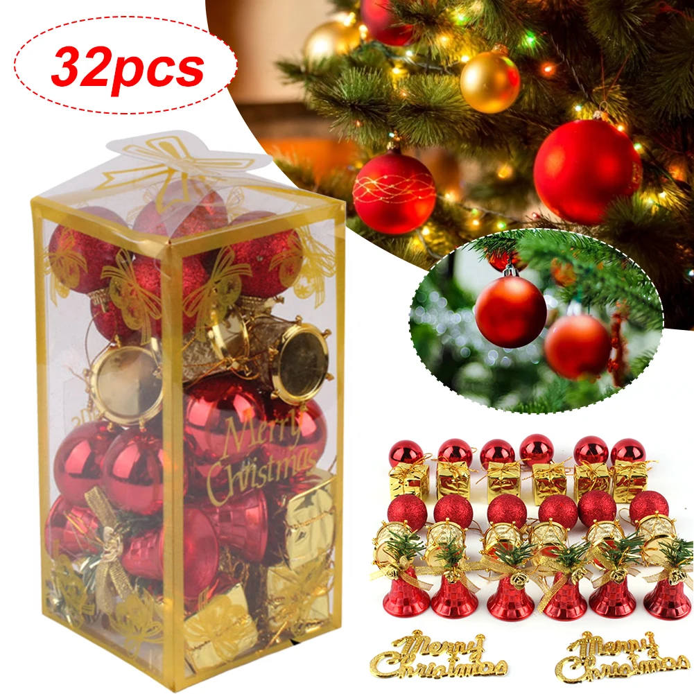 

32 Pcs Mini Christmas Ornaments Christmas Foam Balls Bells Gift Box Tree Ornaments Pendant for Xmas Tree Home Party Decoration