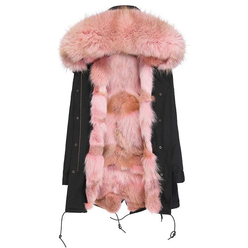 Длинная женская меховая подкладка с волком зимняя армейская зеленая и черная