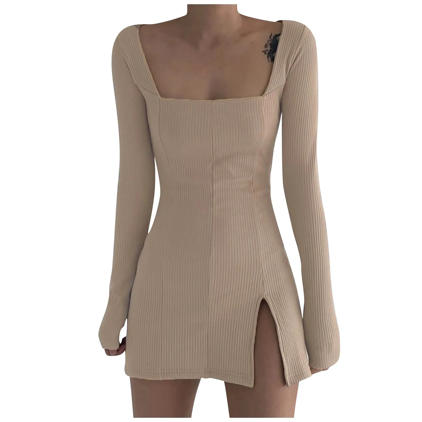 

Women's Fashion Plain Long Sleeve Square Neck Knit Slit Front Mini A-line Dress Sexy Slim A-line Version Woman's dress