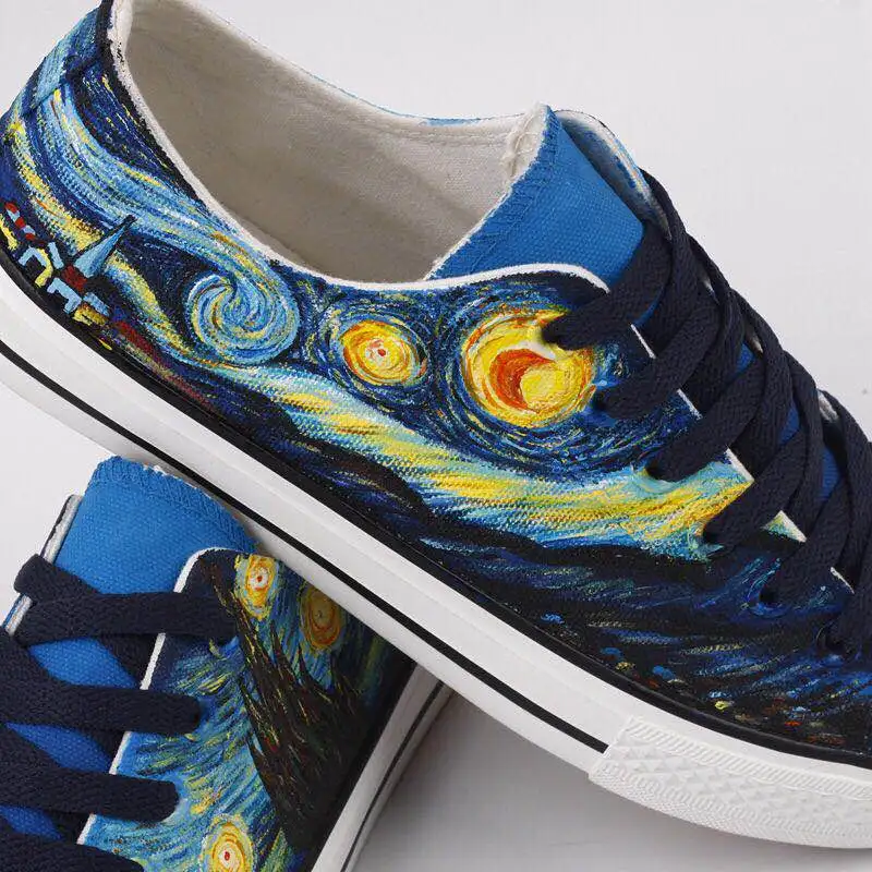

Women Canvas Casual Shoes Original Design Van Gogh Famous Hand-Painted Low-Cut 2019 Fashion DIY Lace-Up Sneakers Flat Blue G1-65