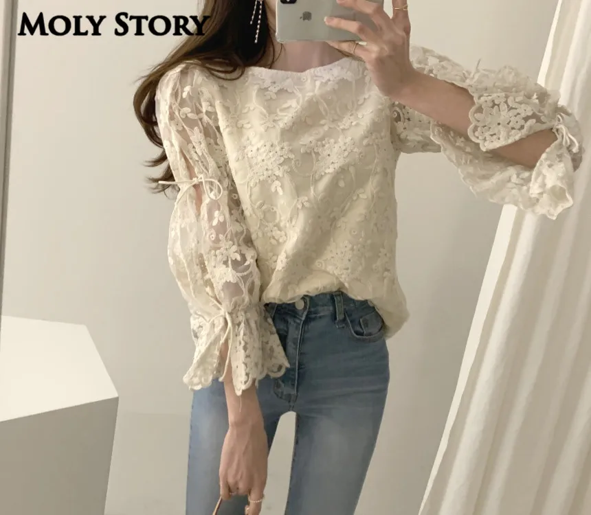 Новые милые с пышными рукавами кружевной топ низким вырезом на спине рубашки для