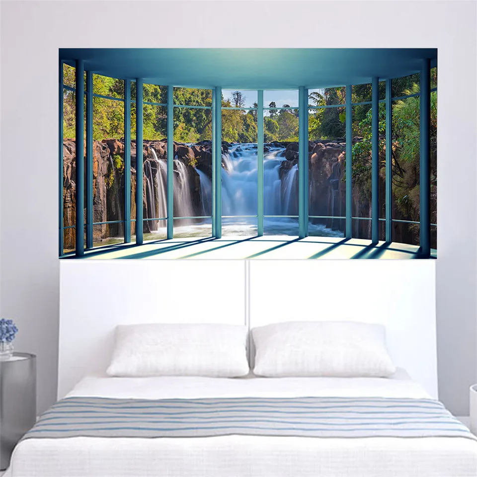Имитация 3D подоконника пейзаж водопад прикроватная наклейка самоклеящиеся ПВХ