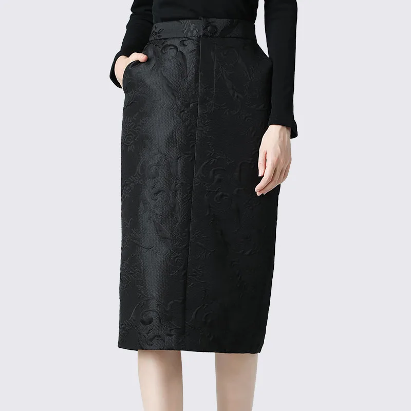 Элегантная Жаккардовая юбка для женщин с высокой талией Тонкий черный А