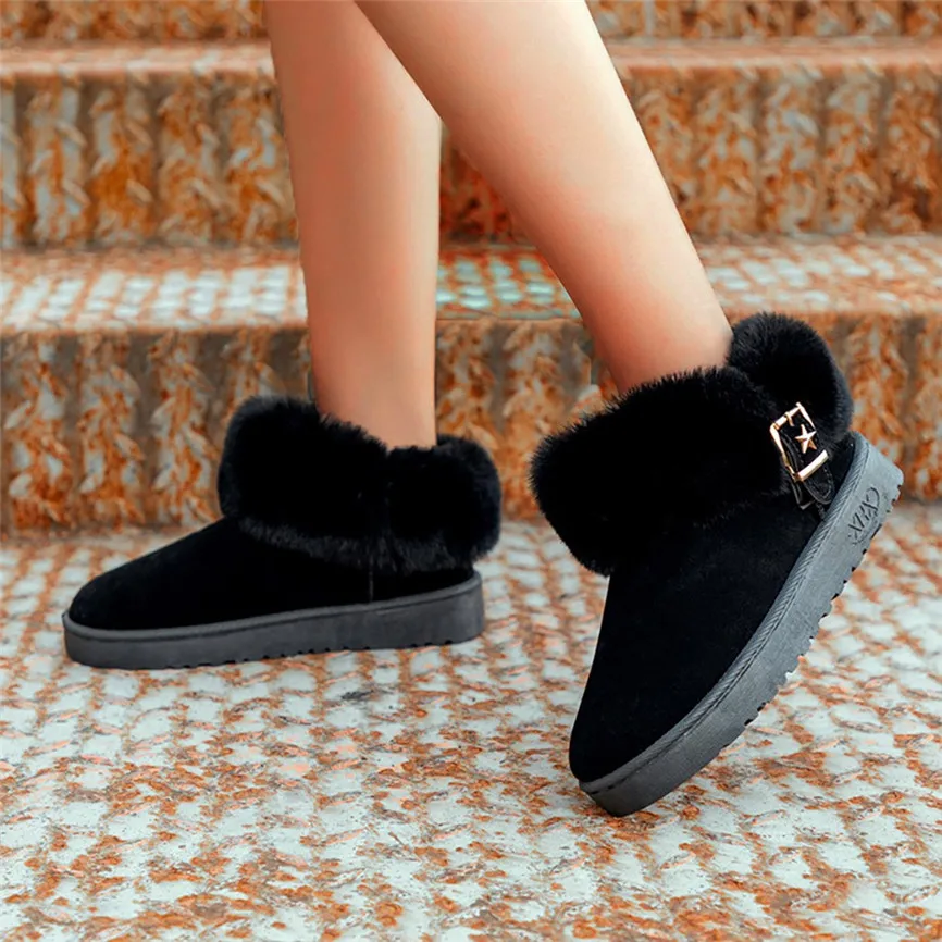 Ботинки женские с круглым носком теплые однотонные без застежки пряжкой-звездой