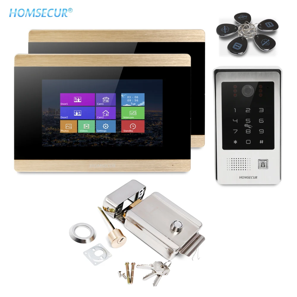 

HOMSECUR 7"Video Door Intercom System Waterproof Camera with Password Keypad RFID Unlock Fail Secure Rim Lock with Keys Included