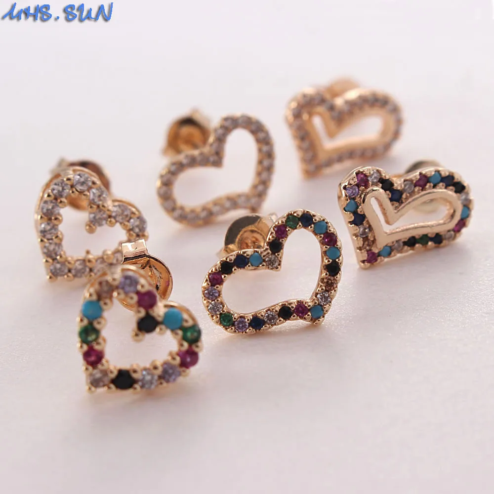 

MHS.SUN Luxury Design Mosaic Zircon Heart Earrings Vintage Gold Plated Women/Girls Stud Earrings Fashion CZ Ear Jewelry 6Pairs