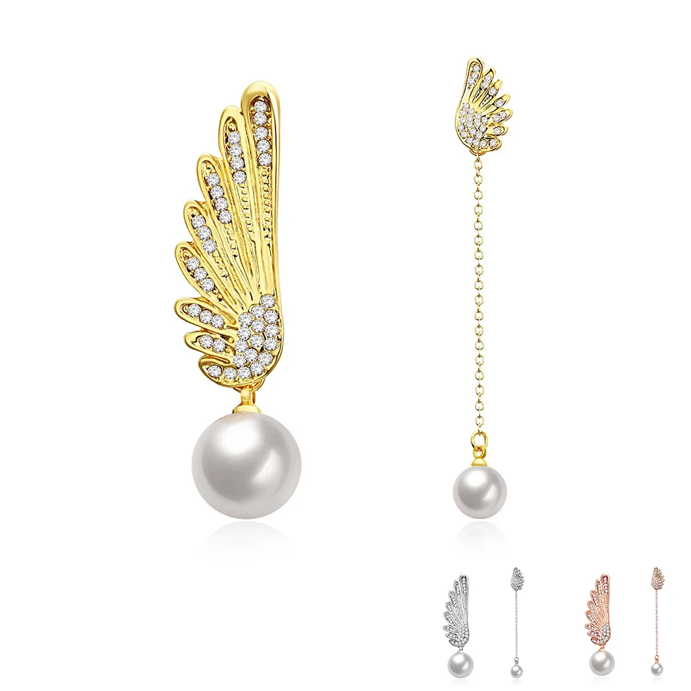 

Christmas Wing Pearl Earrings For Women Shining Zircon Asymmetry Gold Plate Stud Earring Fashion Jewelry Anniversary Girl's Gift