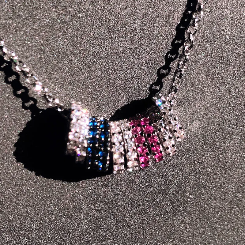 

S925 sterling silver new multi-circle colorful necklace female fashion stretchable mid-length sweater chain birthday gift