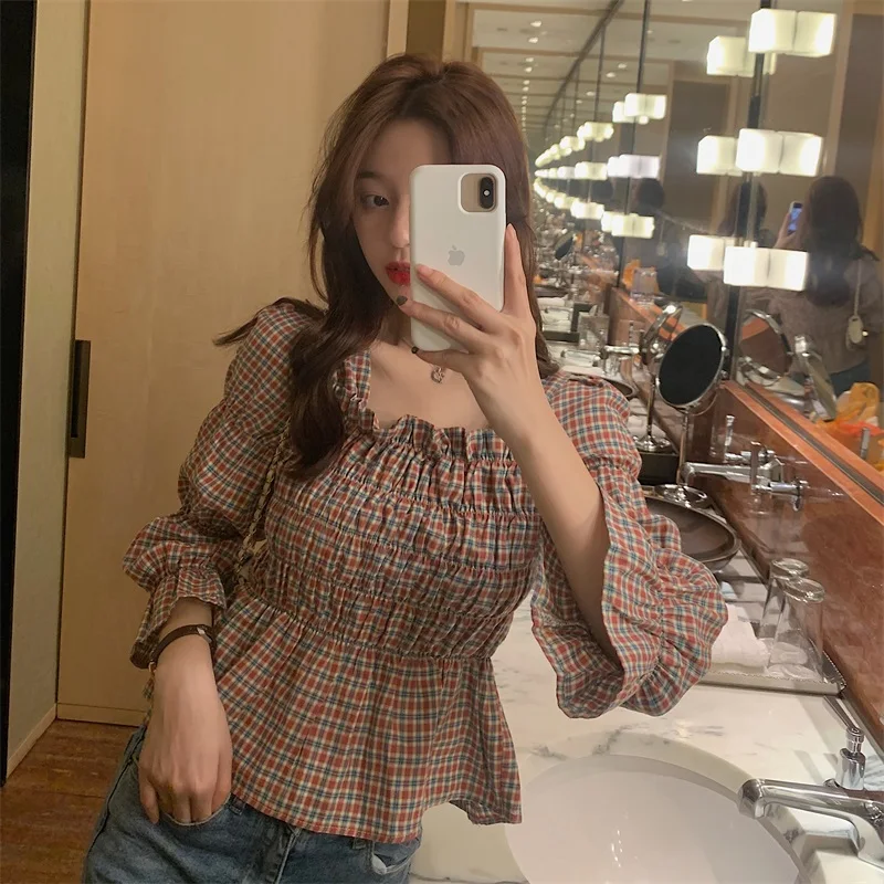 Женские рубашки Ulzzang японская кавайная Женская винтажная клетчатая рубашка с