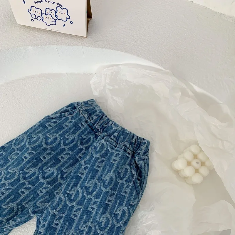 

New children spring 2021 2-piece suit with pullover jeans for boys and girls kids sets big pocket coat with loose casual patns