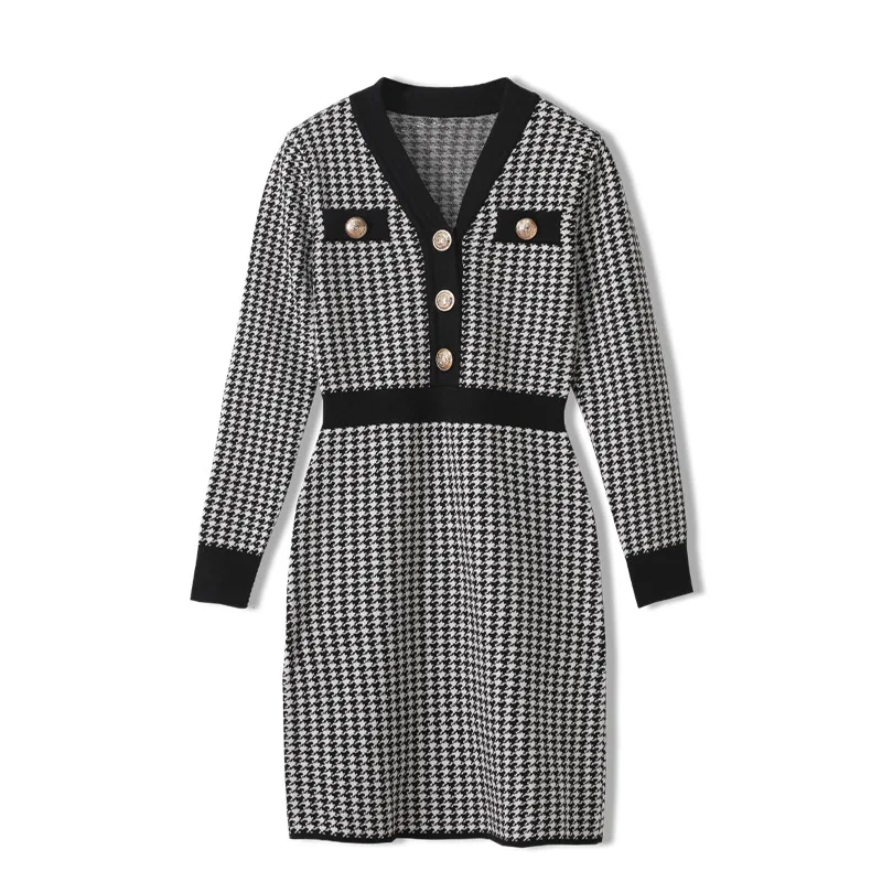 

Autumn Winter Women Houndstooth Geometric Elegant Sheath Dress Long Sleeve Button Knitted Sweater Wool Desses Black Clothes
