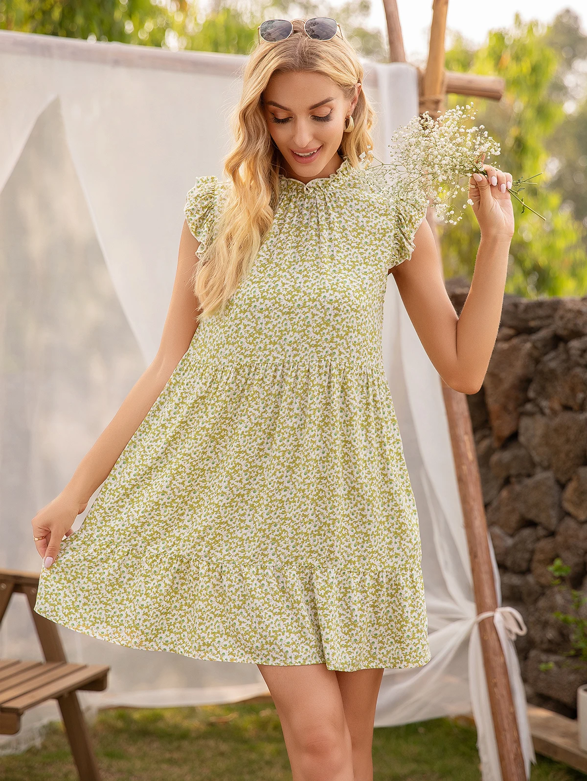 

Summer Women's Bohemia A-Line Little Daisy Floral Dresses Fresh Slim Flying Sleeve Mini Dress 2021 robe femme vestidos