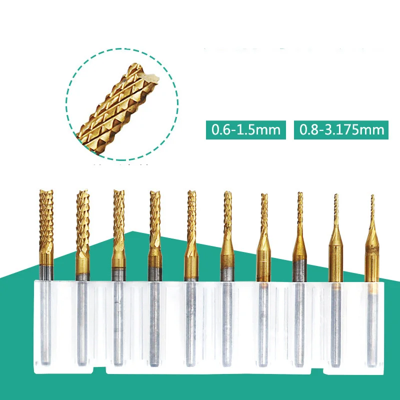 

Фрезы для печатных плат 10 шт., 1/8 дюйма, 0,8-3,175 мм, 0,6-1,5 мм