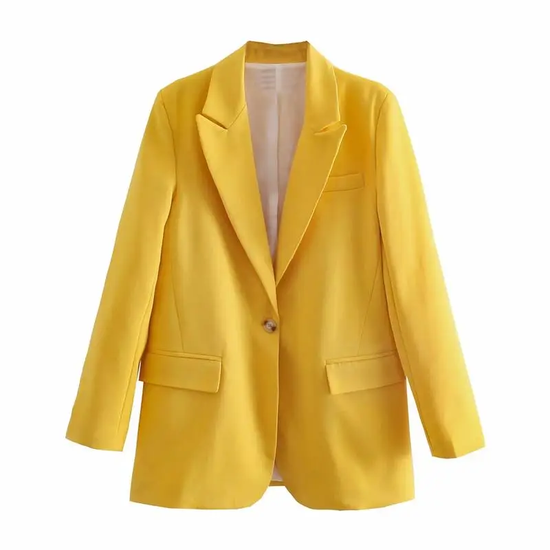 

2021 ZA Spring Women Blazer Jacket Solid Single Button Coat Notched Vintage Long Sleeve Pockets Female Outerwear OL Chic Tops