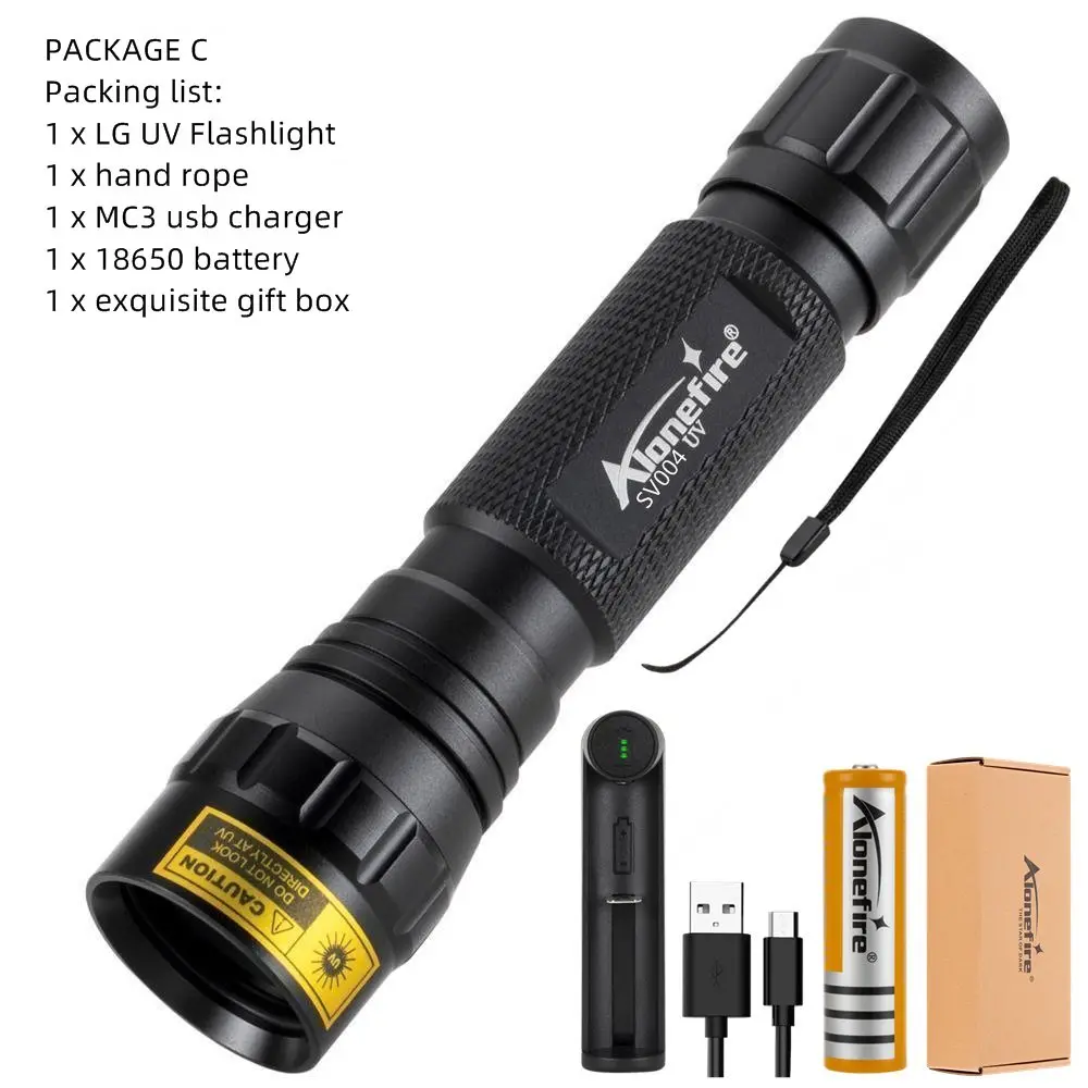 PACKAGE C AloneFire SV004 LG ультрафиолетовый светильник 5 Вт высокой мощности 365nm/395nm УФ-вспышка светильник УФ-черный светильник детектор пятен мочи для домашних животных скорпион - Испускаемый цвет: PACKAGE C