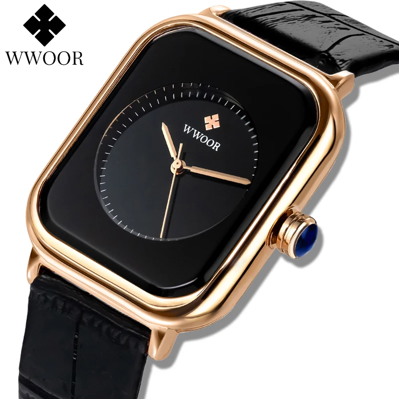 

2021 WWOOR Women's Square Watches Top Brand Luxury Ladies Dress Quartz Wristwatch Fashion Black Leather Montre Femme Reloj Mujer