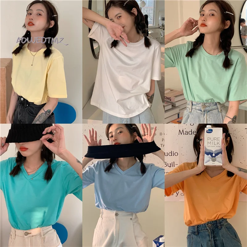 

Женская футболка с коротким рукавом AOWDTMZ, летняя однотонная свободная футболка с круглым вырезом и V-образным вырезом, 10 цветов