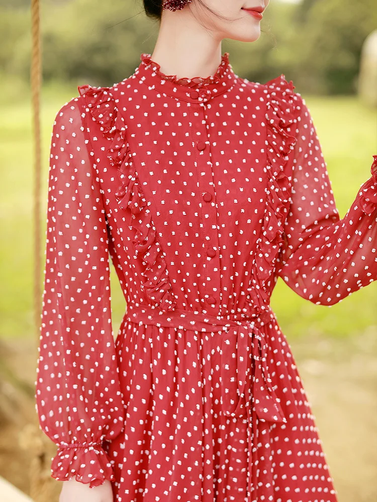 TIYIHAILEY Free Shipping Boshow Women Long Maxi Lantern Sleeve Spring S-L Chiffon Big Hem Ruffles Red Dot Dresses Bandage | Женская