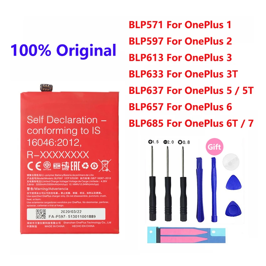 100% Оригинальный запасной аккумулятор для OnePlus 1 + 2 3 3T 5 5T 6 6T 7 BLP571 BLP597 BLP613 BLP633 BLP637 BLP657