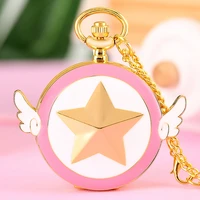 luxury golden japanese anime womens quartz pocket watch five pointed star wings necklace pendant chain gift for women girls