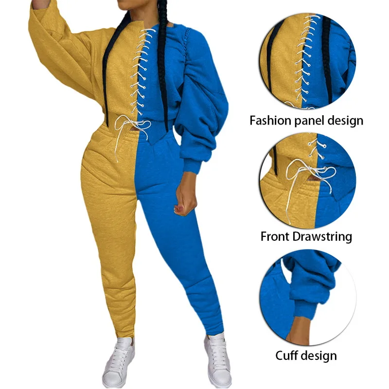 2020 Women Spring and Autumn Bandage Tracksuit Loose Two-piece Set Long Sleeve Elastic Waist Lace Up Placket Sportswear | Женская одежда