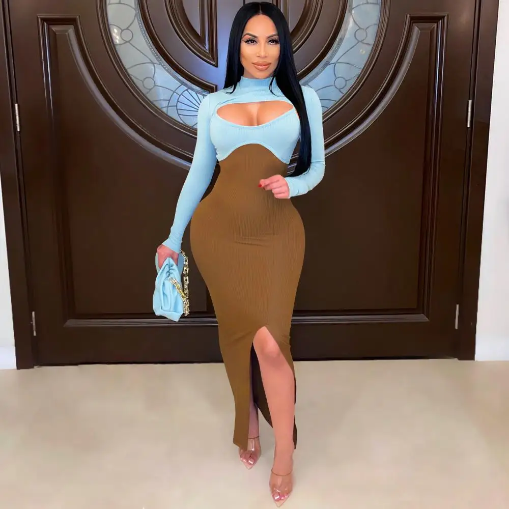

Contrast Color Block Hollow Out Dress 2pcs Sets Women Rib Knit Long Sleeve Crop Top Sleeveless Thin Strap Maxi Dress Front Split