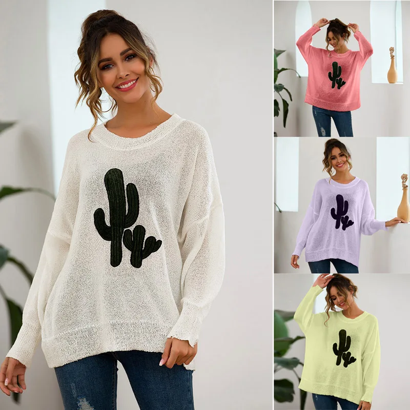 

Womens Round Neck Long Sleeve Cactus Sweater Casual Loose Pullover Sweater -OPK