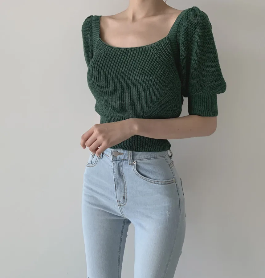 

Purplelano Chic Women Sweater Backless Bandage Women Tops Square Neck Lantern Sleeve Knitted Sweaters Casual Korean Fashion