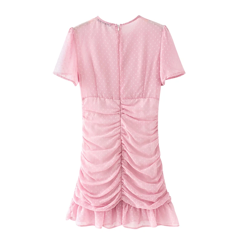 

Summer women's dress casual solid color round neck short sleeve slim pleated dress Vestidos
