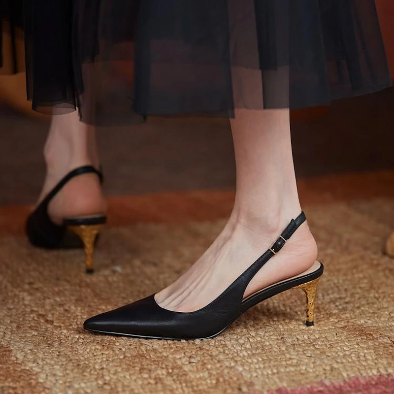 

Sandals Women Mules Elegant Style Cow Leather Shallow Metal High Heels Back Strap Solid 3 Colors Summer Classics Dress Shoes