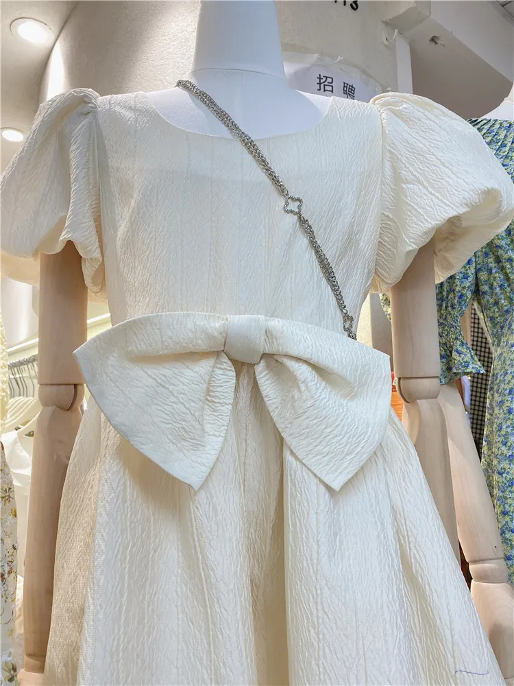 

2021 Spring and Summer Korean French Style Temperament Puff Sleeve Women's Dress Cute Girls Slim Bow A Line Dress