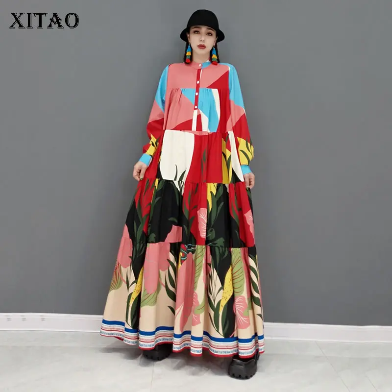 

XITAO/Платье с принтом; Новинка; Модный женский пуловер с длинными рукавами; Осень 2021 года; Элегантное повседневное стильное свободное платье; ...