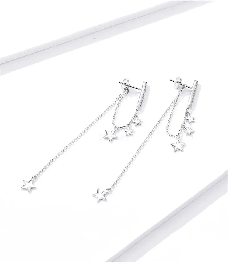 

New Women Earrings Long Tassel Drop 925 Sterling Silver Shining Starry Earrings Engagement Jewelry Asymmetric earrings