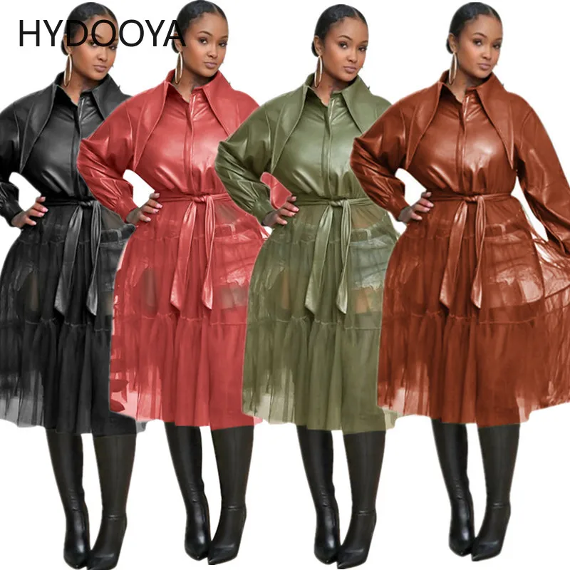 New Women Faux Leather Mesh Patchwork Long Sleeve PU Coat Jacket Turn Down Collar Belt Chic Dresses Streetwear Long Sleeve Dress