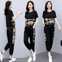 summer large size women sets 2020 fashion casual female sportswear suit printed short sleeve tshirts pants two piece set w2057