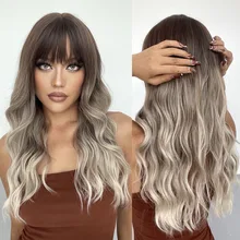 ALAN EATON Long Wave Synthetic Wigs with Bangs Omber Ash Brown Blonde Wigs for Women Cosplay Party Daily Heat Resistant Fiber