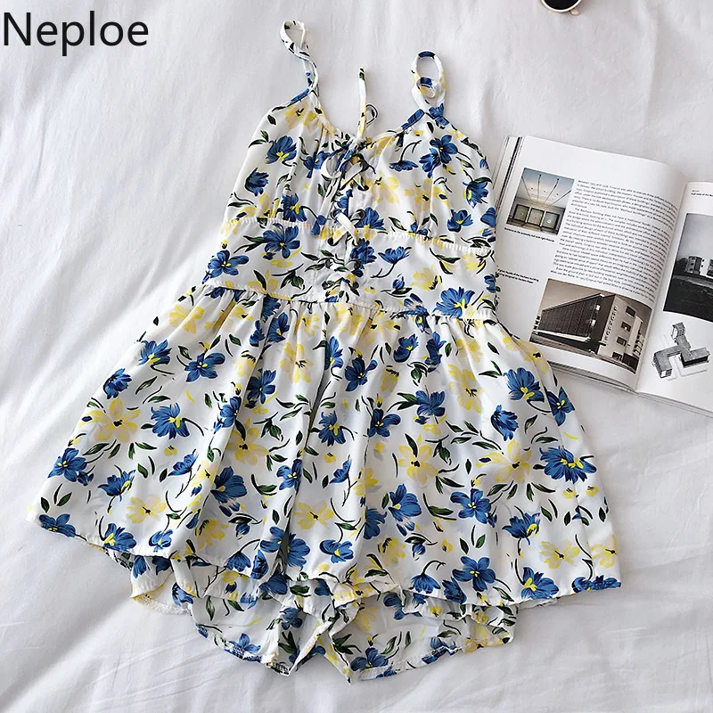 Neploe Flower Print Jumpsuits Women Fashion V Neck Sleeveless Ladies Playsuits Elegant Lace Up Slim Waist Beach Bodysuit 1A1096 | Женская