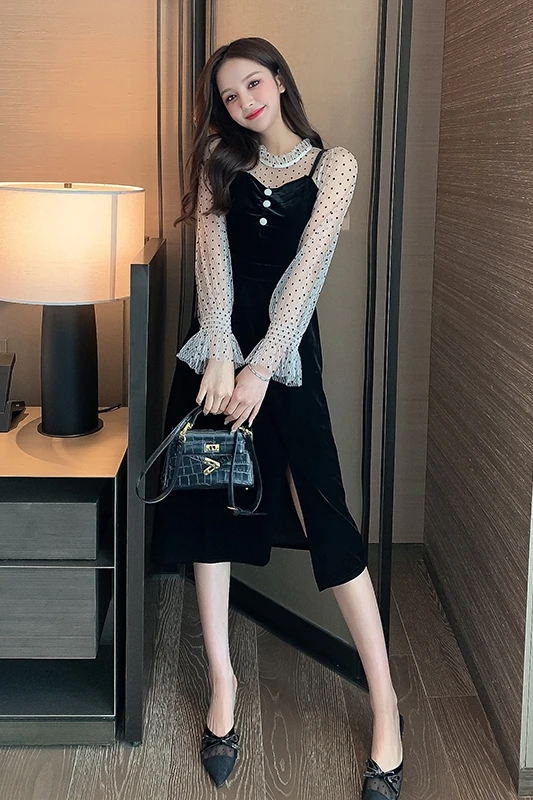 

COIGARSAM French Style Women Long dress High Waist Dresses Black 2029