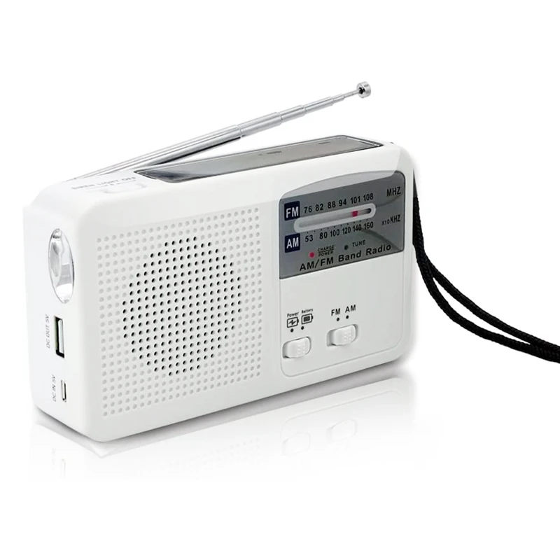 

Emergency Radio with Solar and Hand Crank Self Powered, Battery USB Recharging FM/AM Radio LED Flashlight Phone Charger