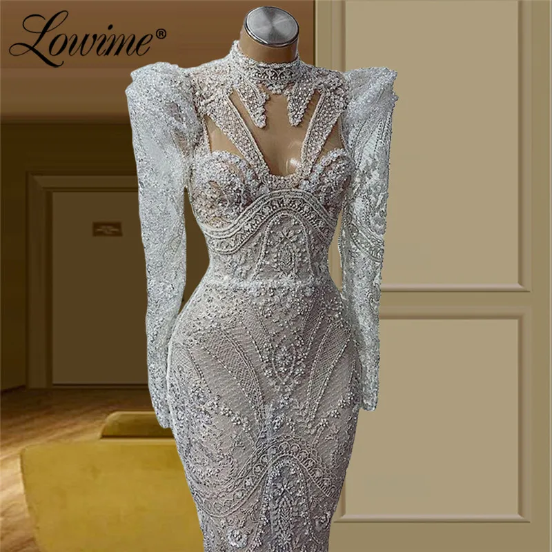 Lowime Dubai Lace Beaded Long Kaftans Evening Dresses 2021 Plus Size Customized Celebrity Dress Prom Gowns Arabic Party Dress