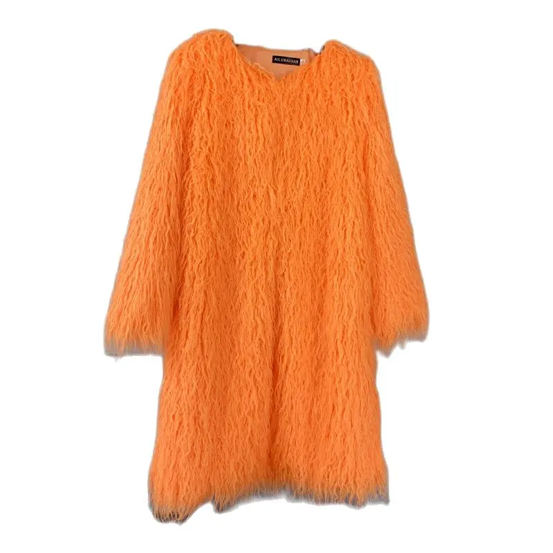 M-3XL European and American women Winter Clothing Imitation Fur Tan Wool Lamb Long Furry Coat | Женская одежда