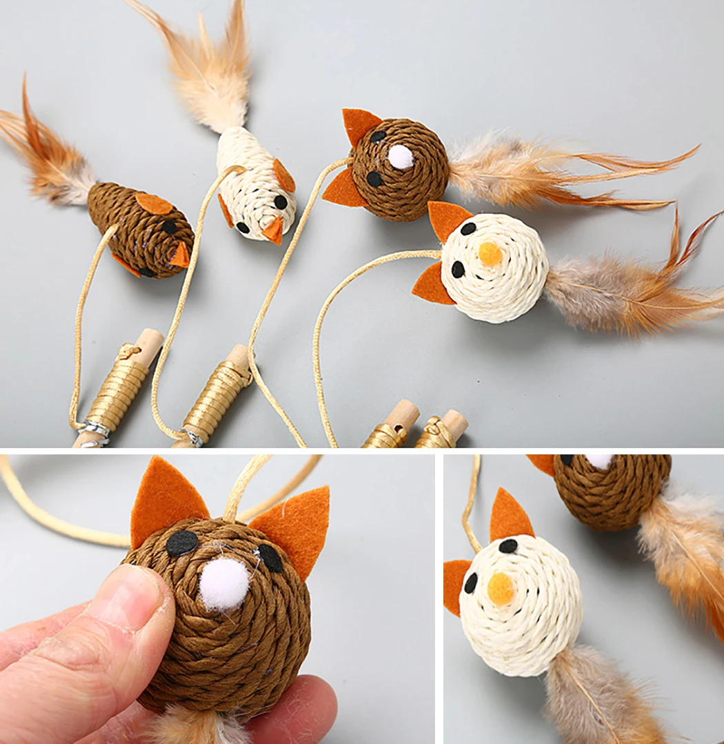 

2pcs Pet Cat Teaser Toys Feather Linen Wand Cat Catcher Teaser Stick Cat Interactive Toys Wood Rod Mouse Bird Toy