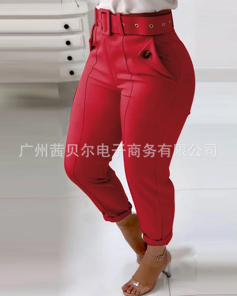 

WEPBEL Women Trousers Pockets Button Belt Pants New Style Pink High Waist Slim Pants