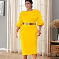 bodycon yellow dresses large size women o neck three quater sleeve slim midi length evening party office wear robe for ladies